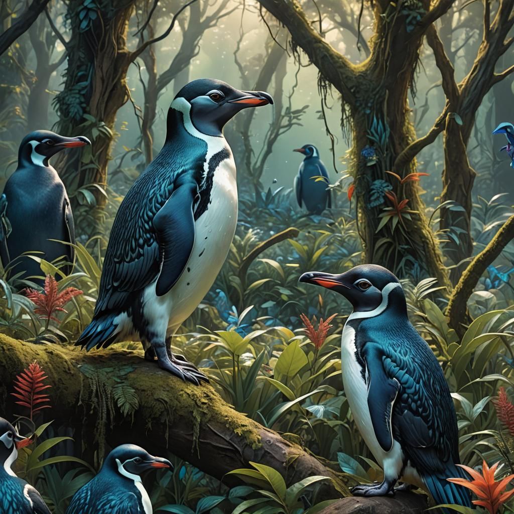 Penguins in a Mystical Forest: Fantasy Concept Art