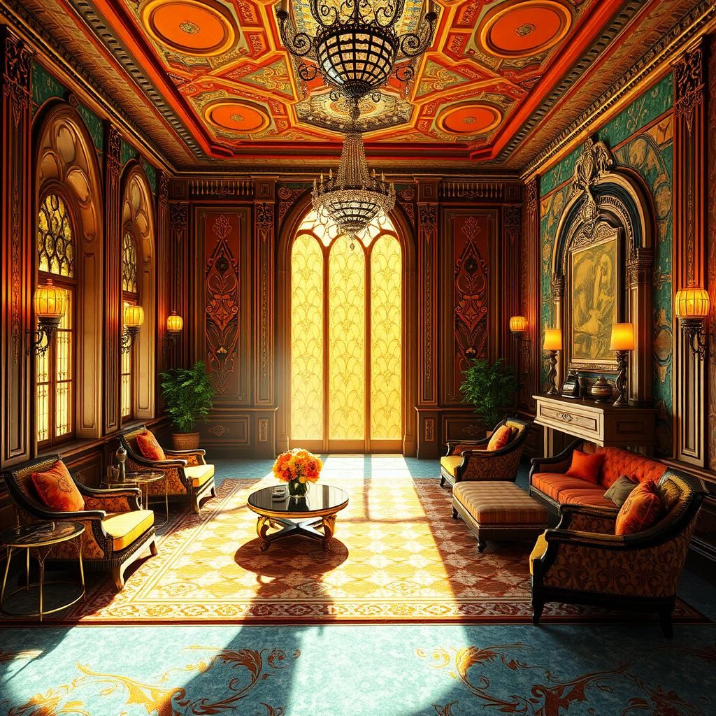 Art Deco Castle Living Room with Ornate Details