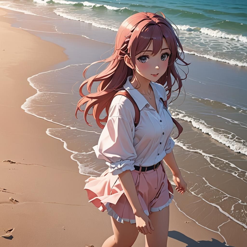 Anime Girl on Beach in Cel-Shaded Style