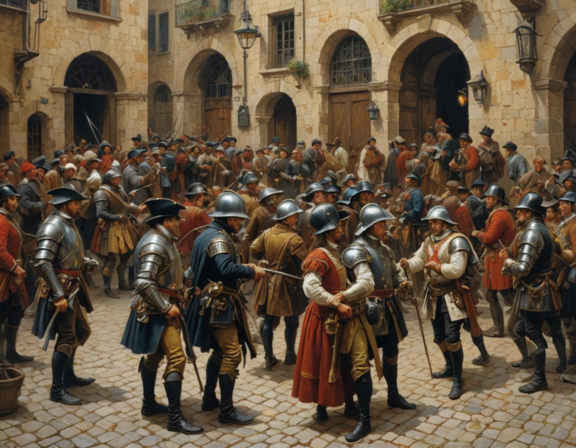 Dramatic Musketeers Scene as Oil Painting