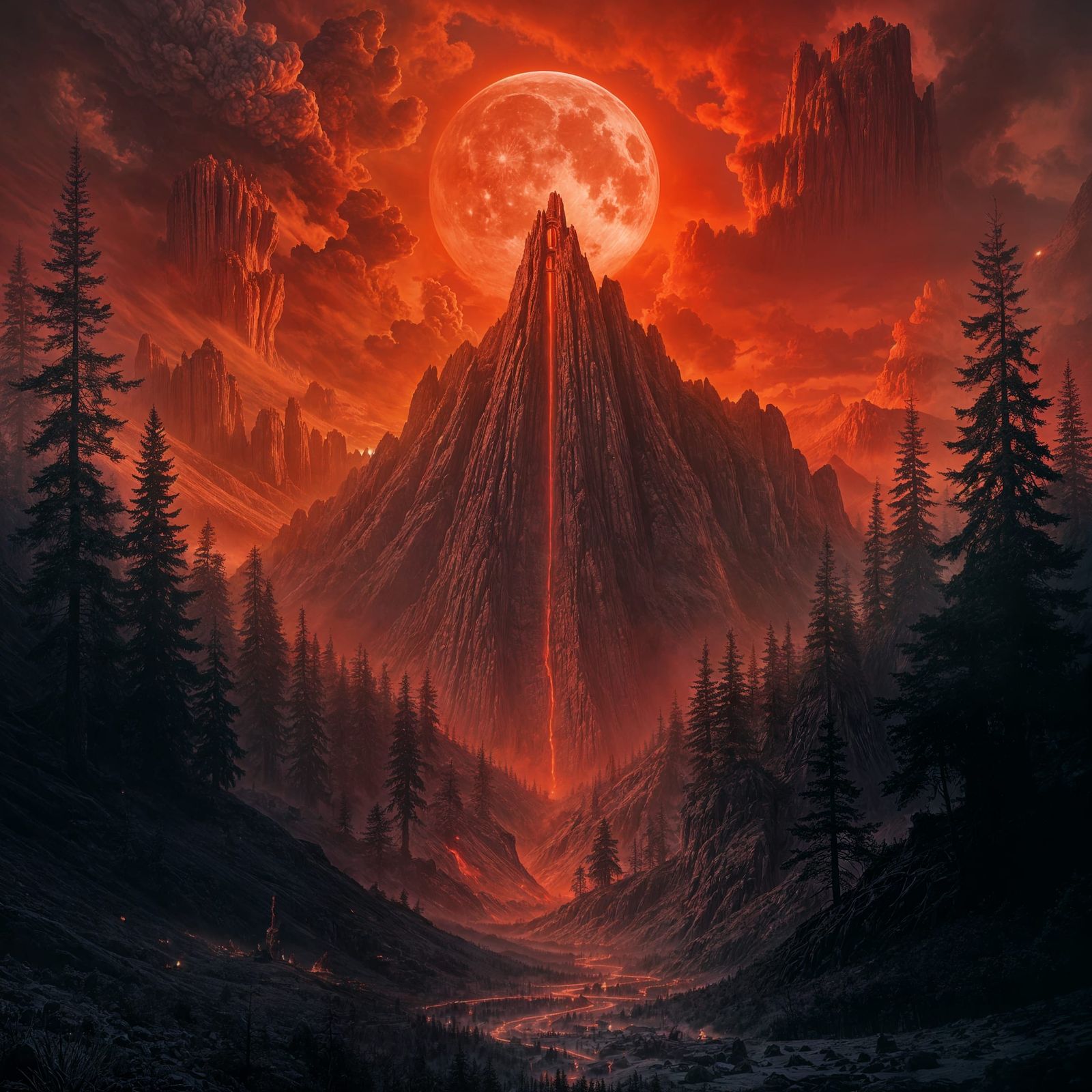 Epic Fantasy Mountain Landscape with Blood Red Sky
