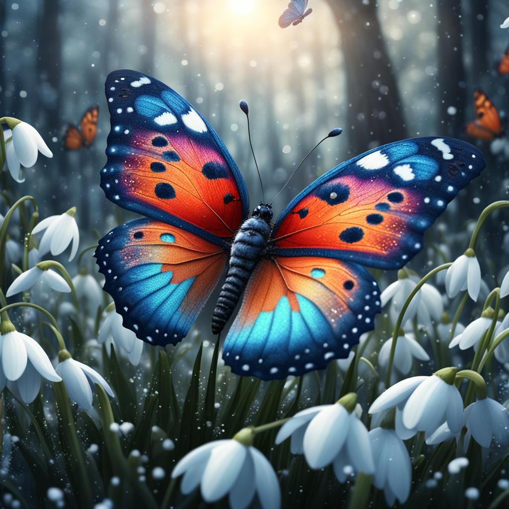 Colorful Butterfly on Snowdrops in Winter