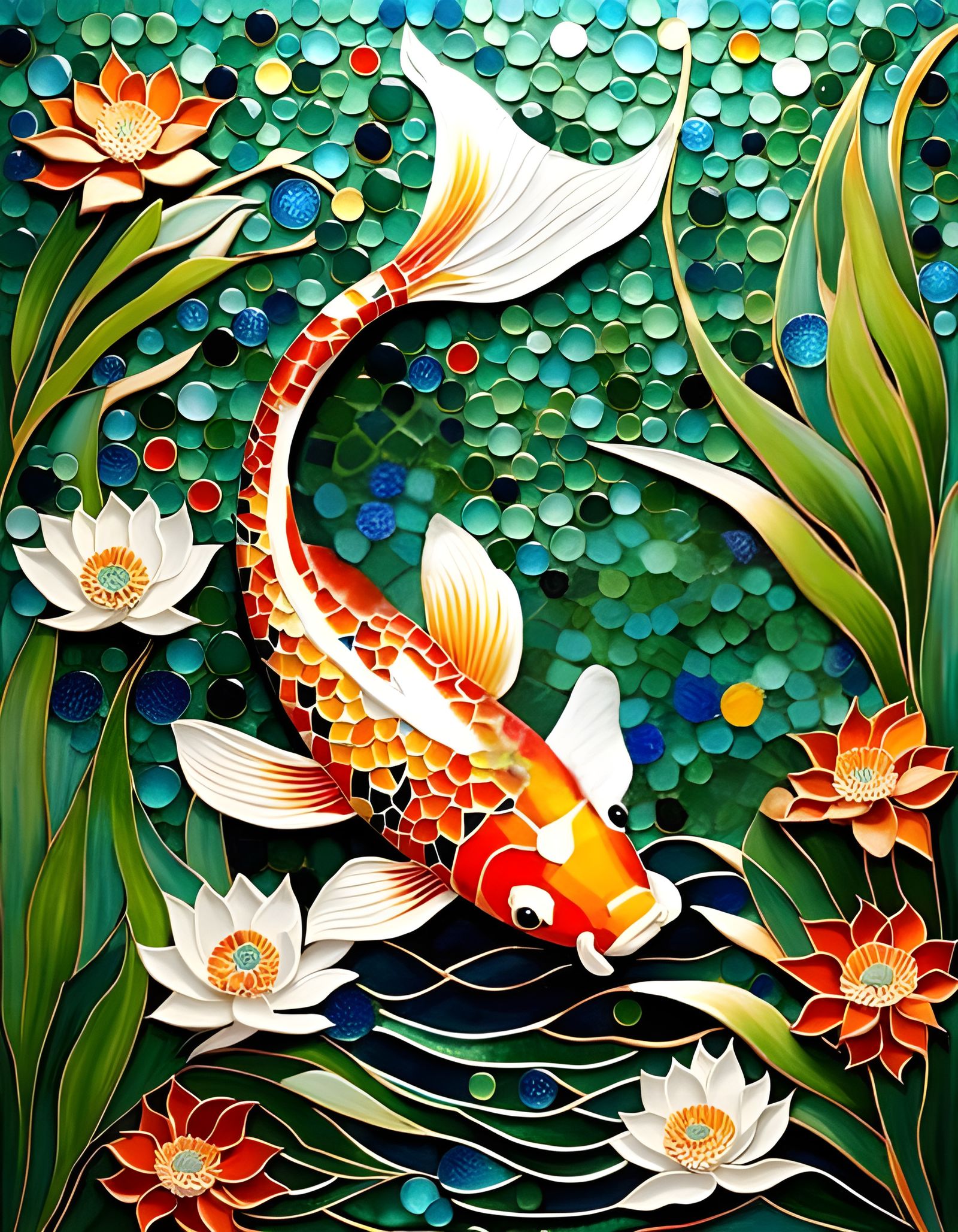 Ornate Koi Fish Mosaic in Emerald Water