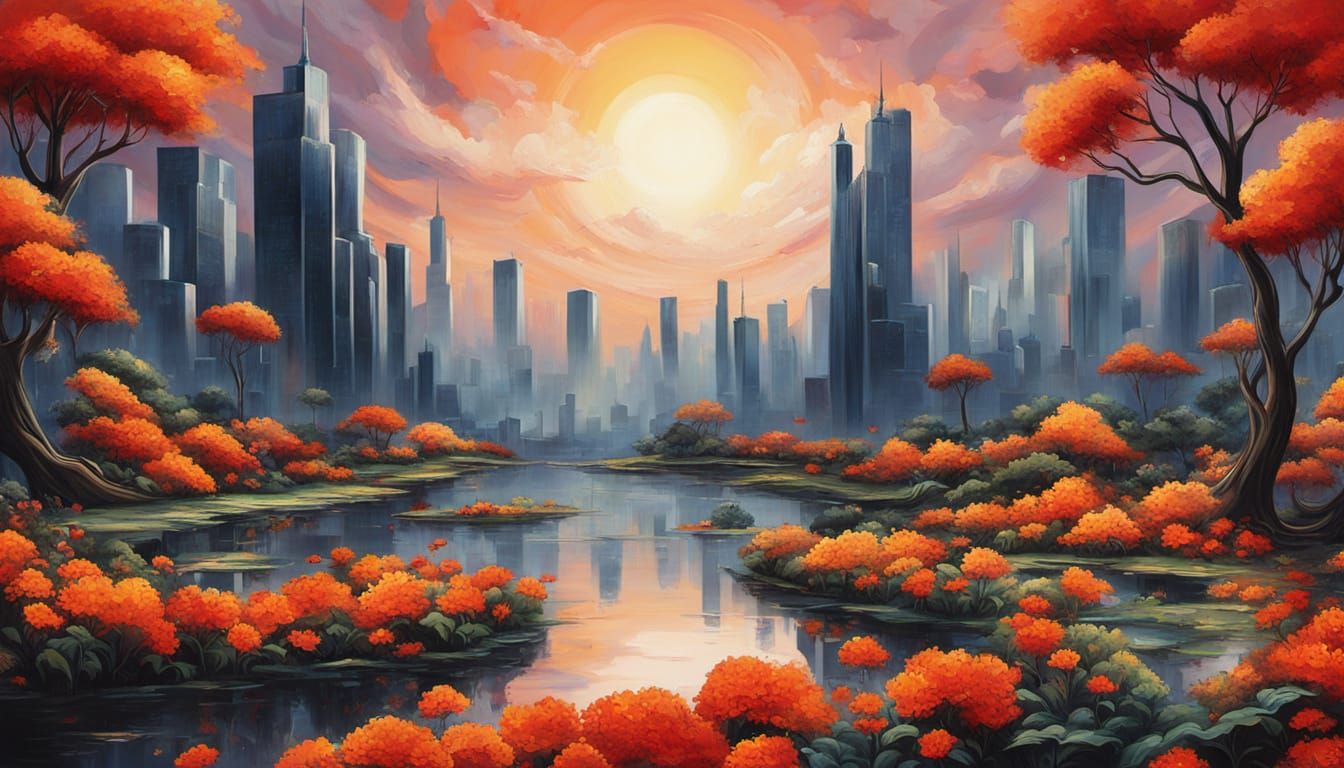 Surreal Floral Cityscape in Vermilion and Amber