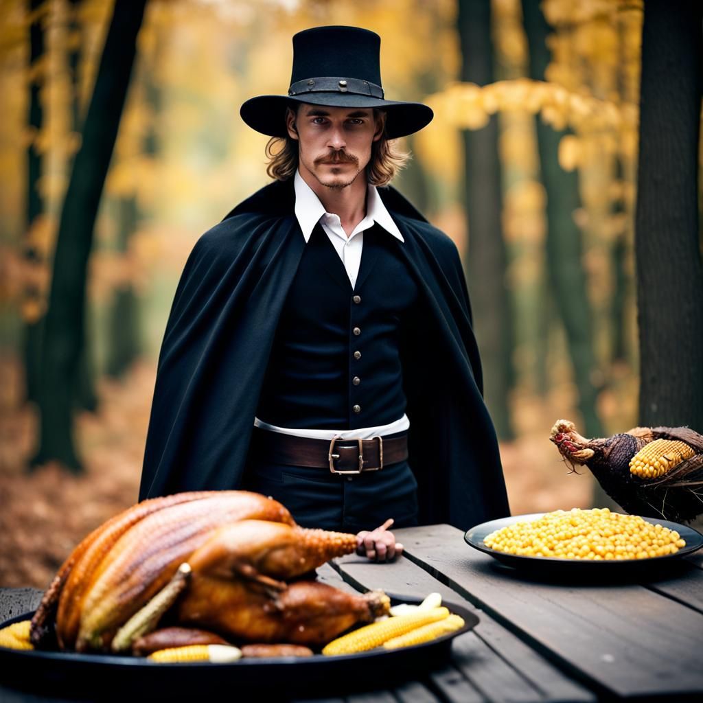 Pilgrim Man with Turkey in Autumn Forest