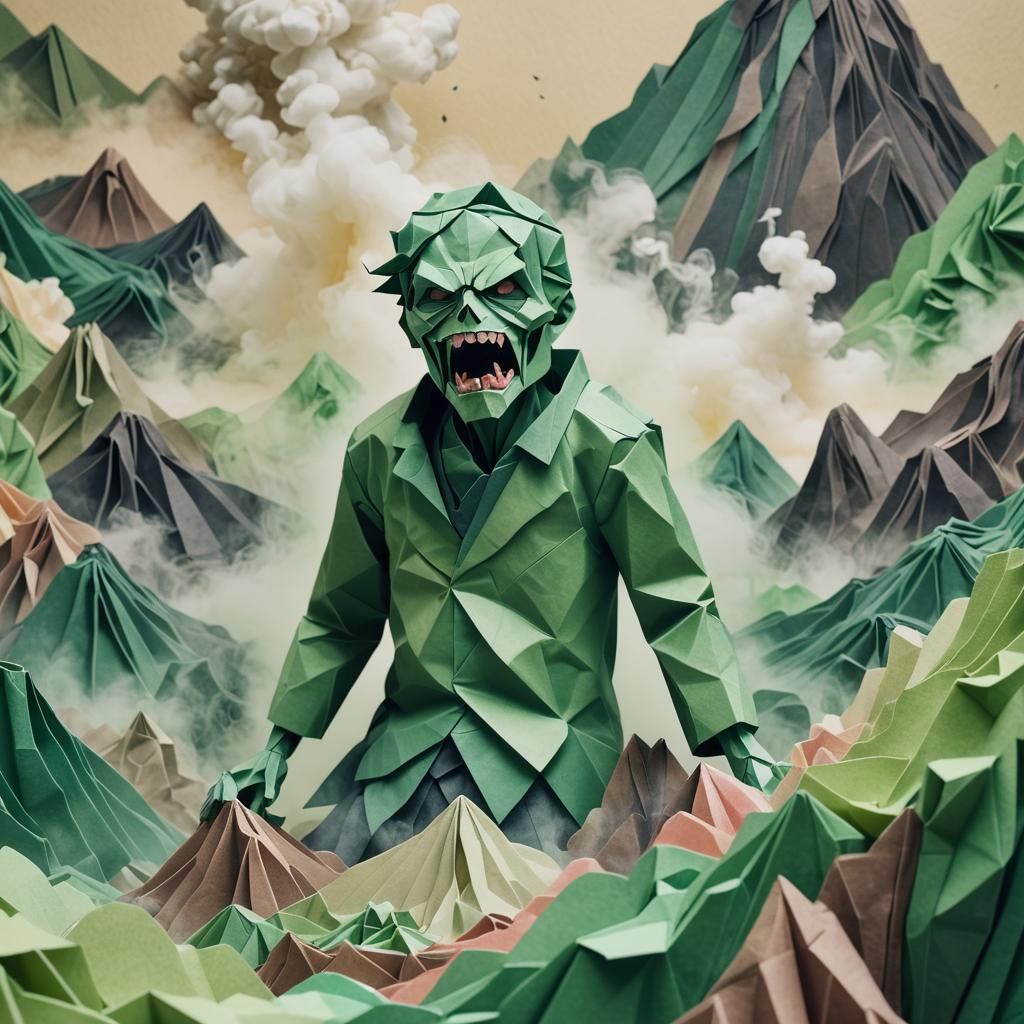 Origami Zombie Dances on Volcano in Paper Art
