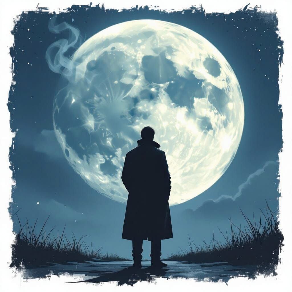 Man Watches Moon at Night with Cigarette