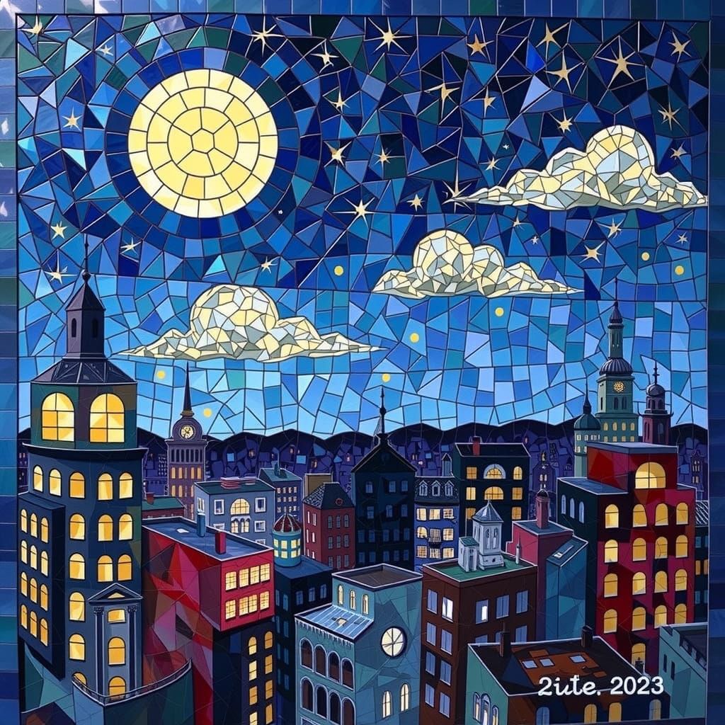 Expressionist Cityscape Carved from Moonlight at Twilight