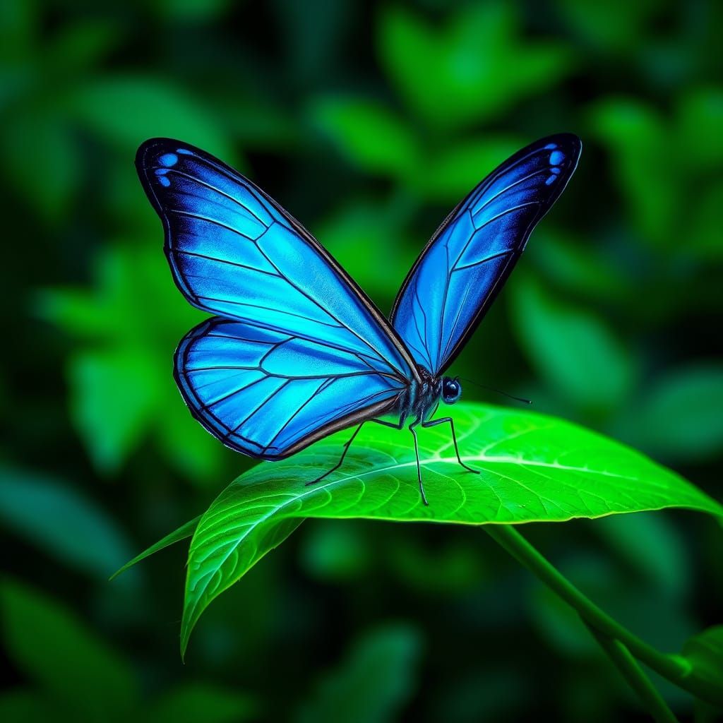 A beautiful blue butterfly with a wingspan of about 5-6 inches. The butterfly has a transparent body and its wings are a...