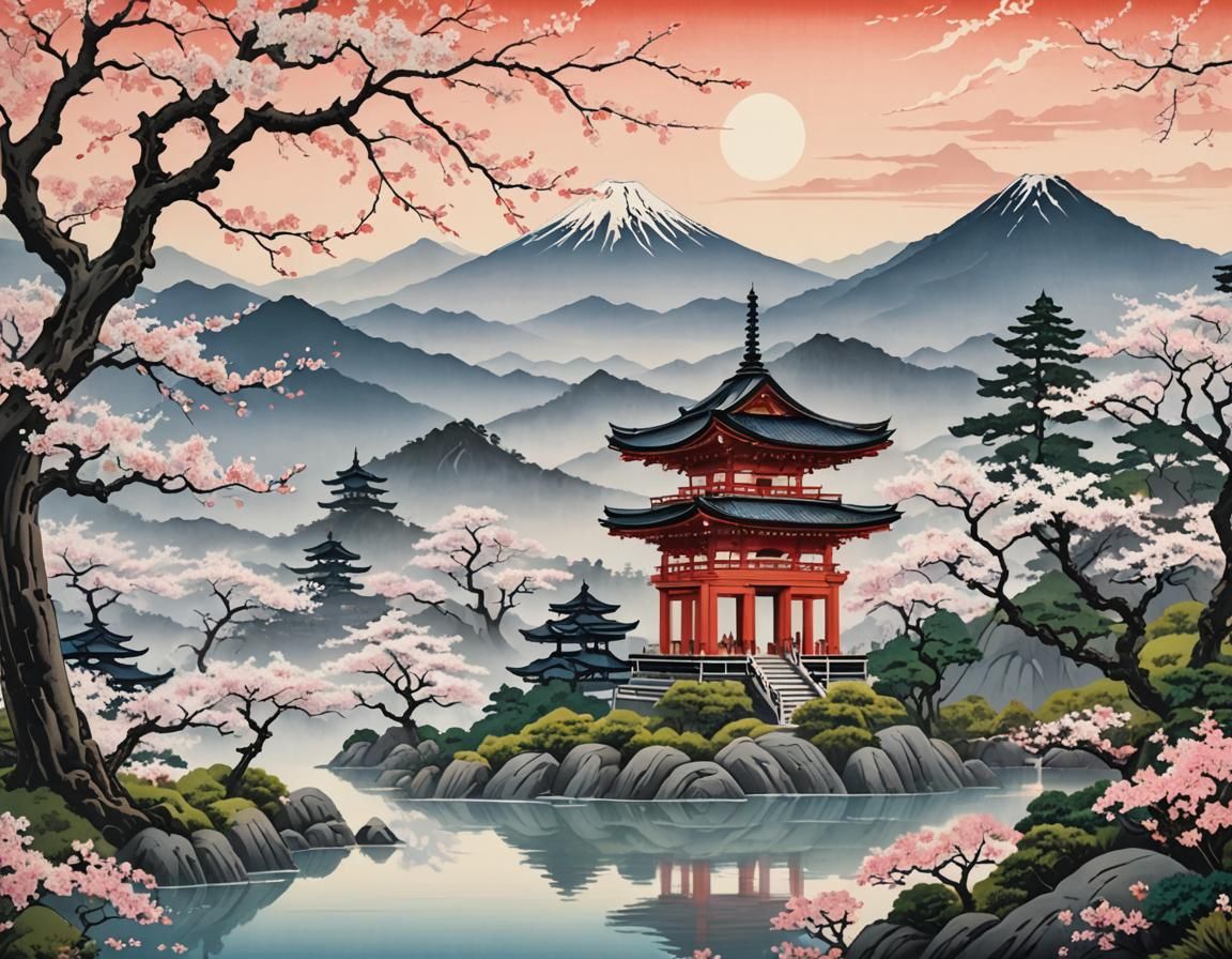 Serene Shinto Temple in Ukiyo-e Japanese Landscape