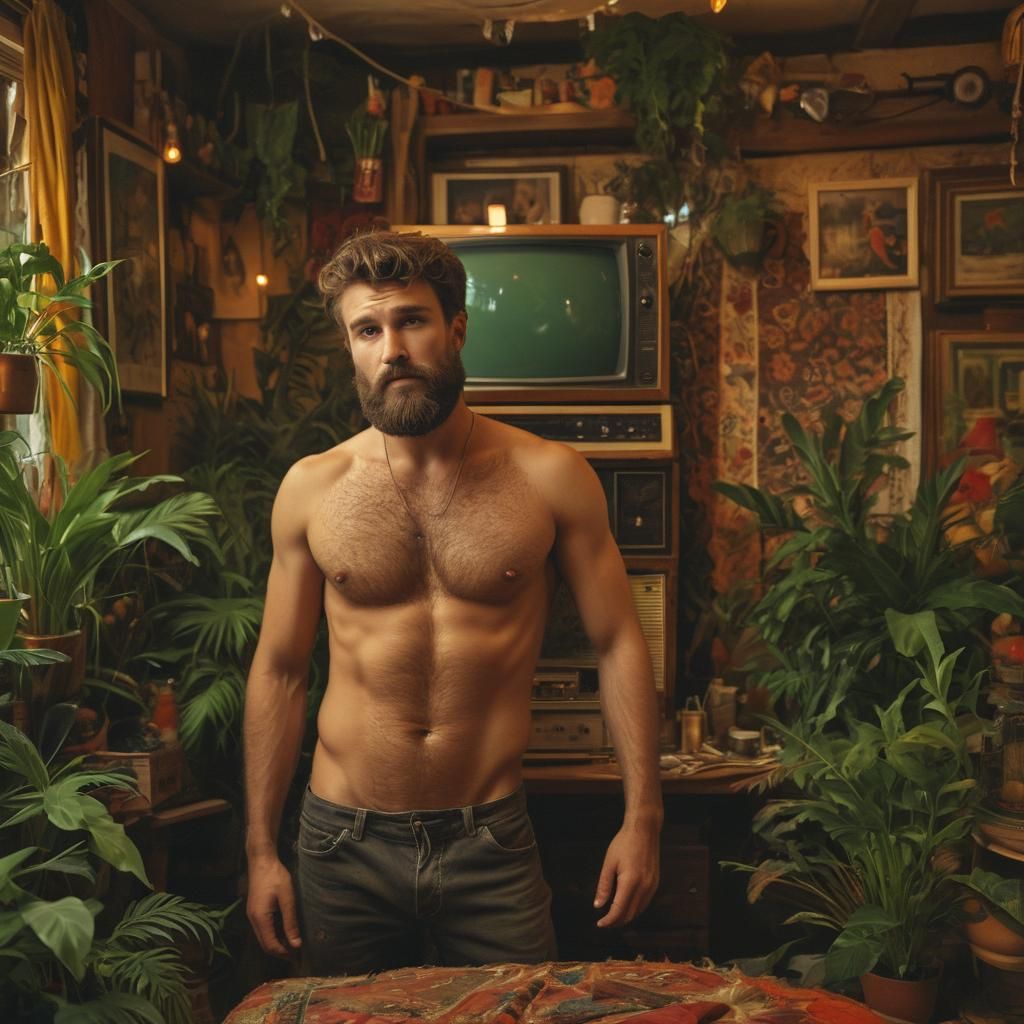 Bearded Man on Vintage TV in Romantic Expressionism