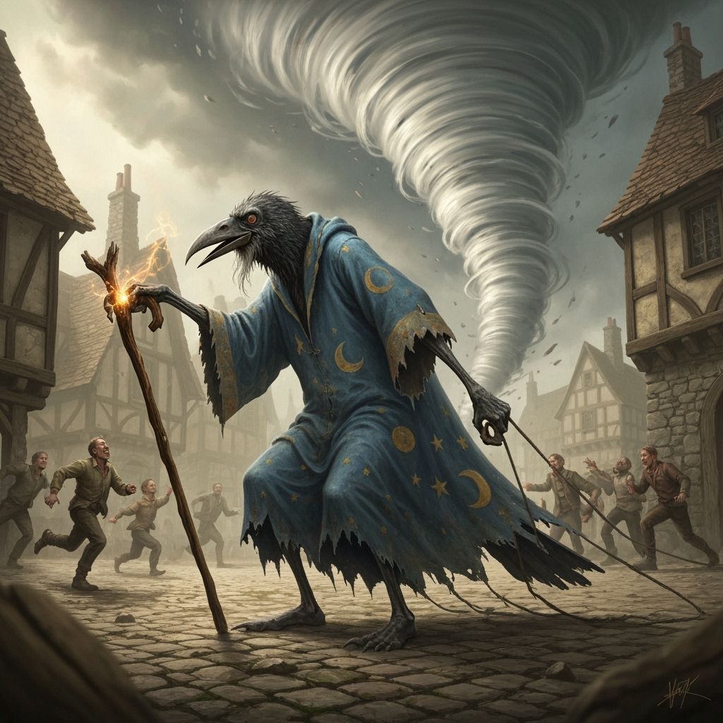 Crow Wizard Summons Tornado in Medieval Village