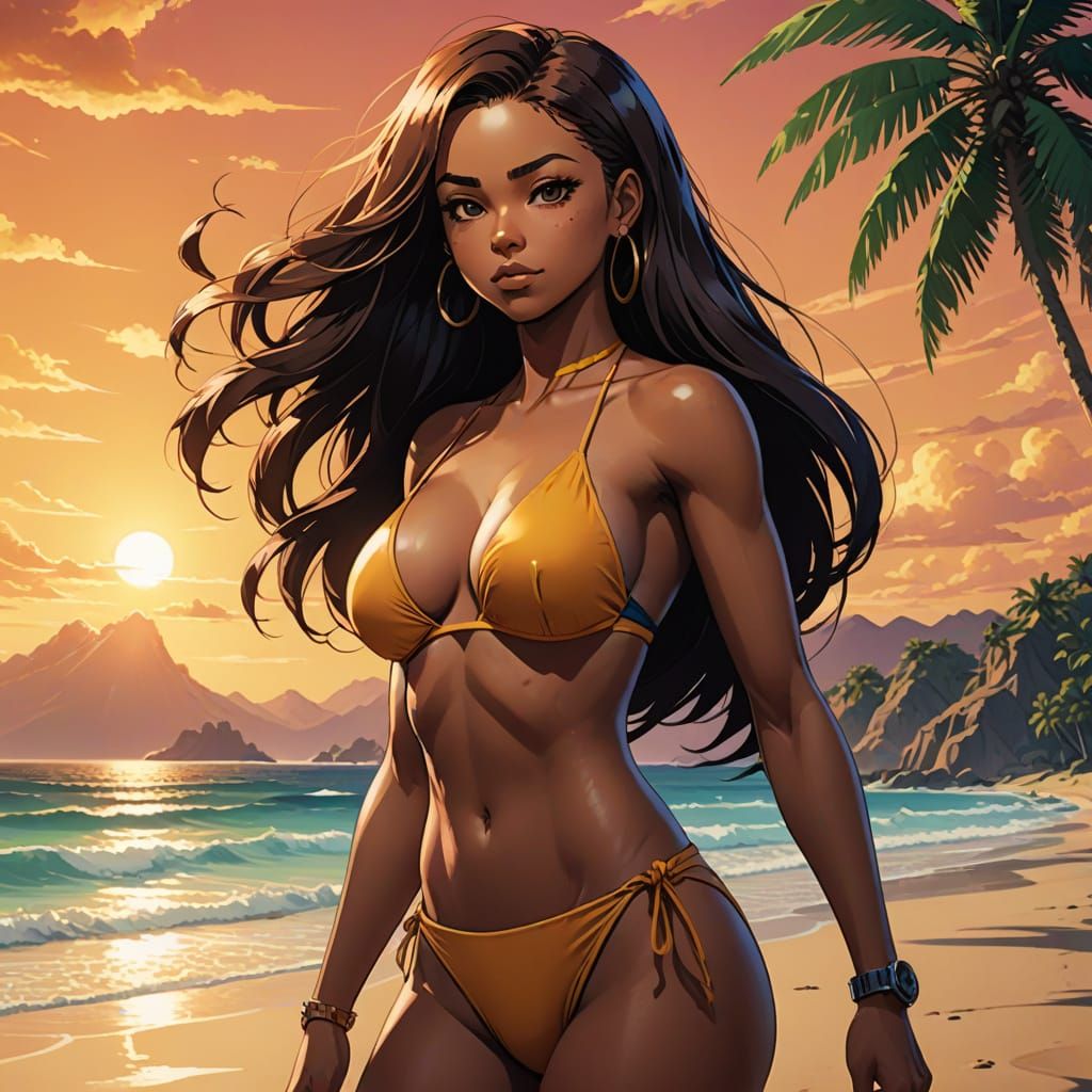 Confident Mulatto Woman in Amber Bikini on Sunny Beach in Vi...