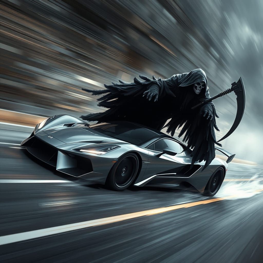 Grim Reaper Flies Above Supercar: Futuristic Concept Art