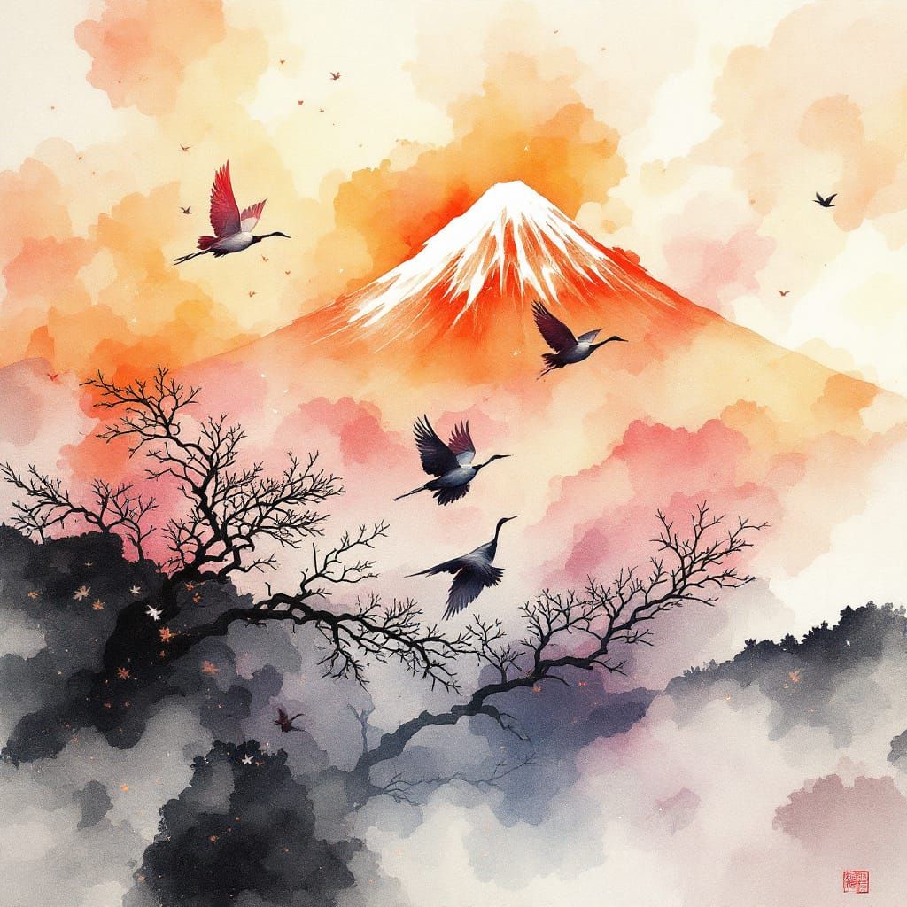 Ethereal Cranes Fly Over Fuji in Watercolor Style
