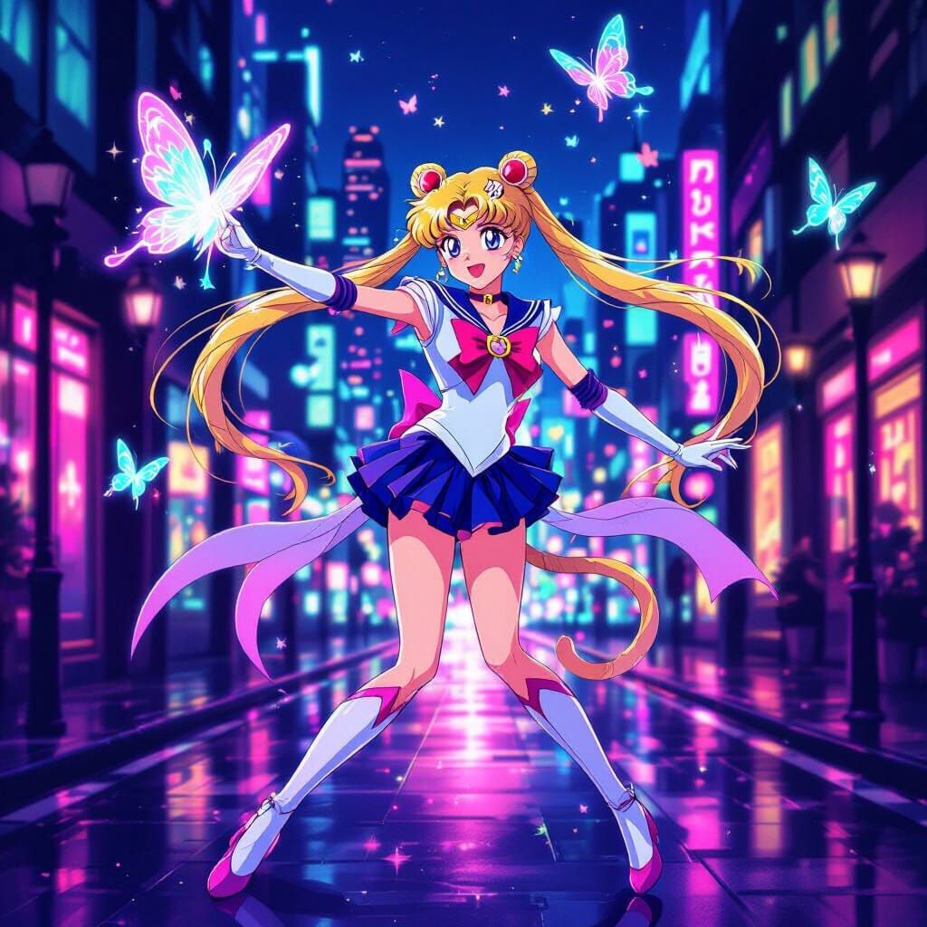 Sailor Moon Chases Butterfly in Neon City Anime Style