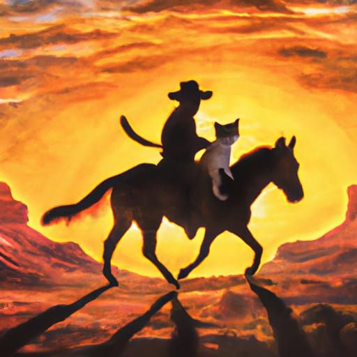 Cat Cowboy Rides Dog at Sunset