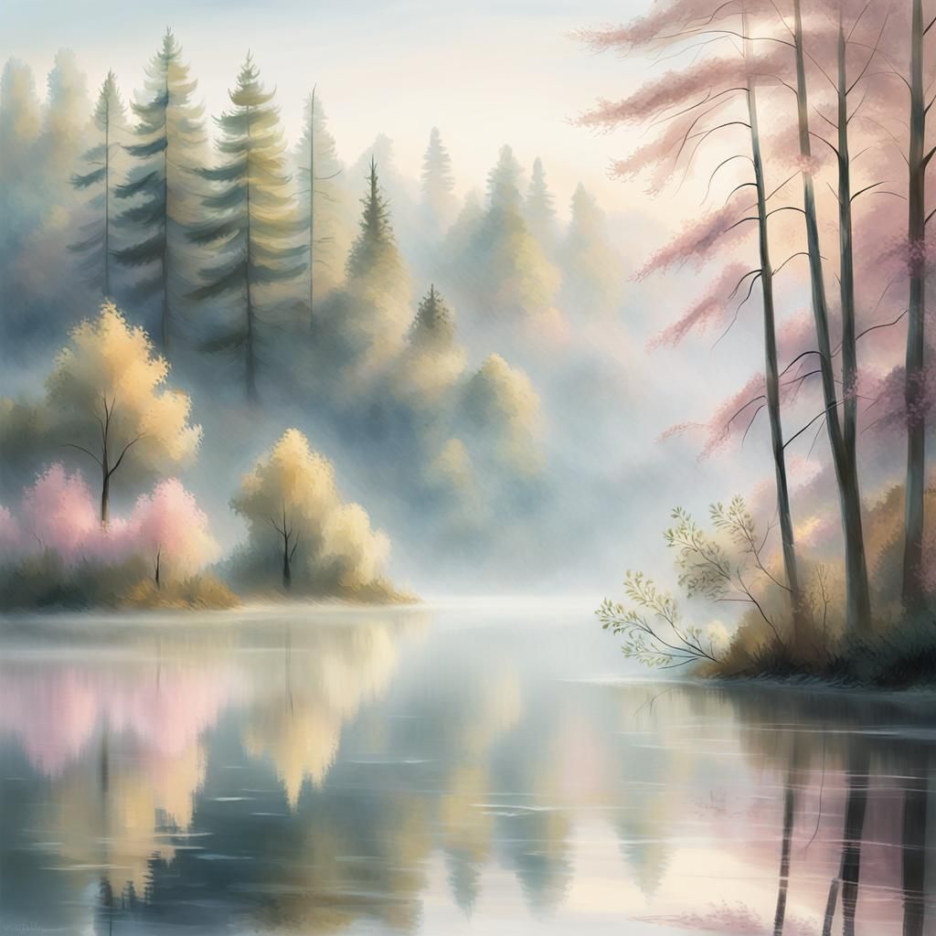 Monet-Inspired Impressionist Landscape with Misty Sunlight