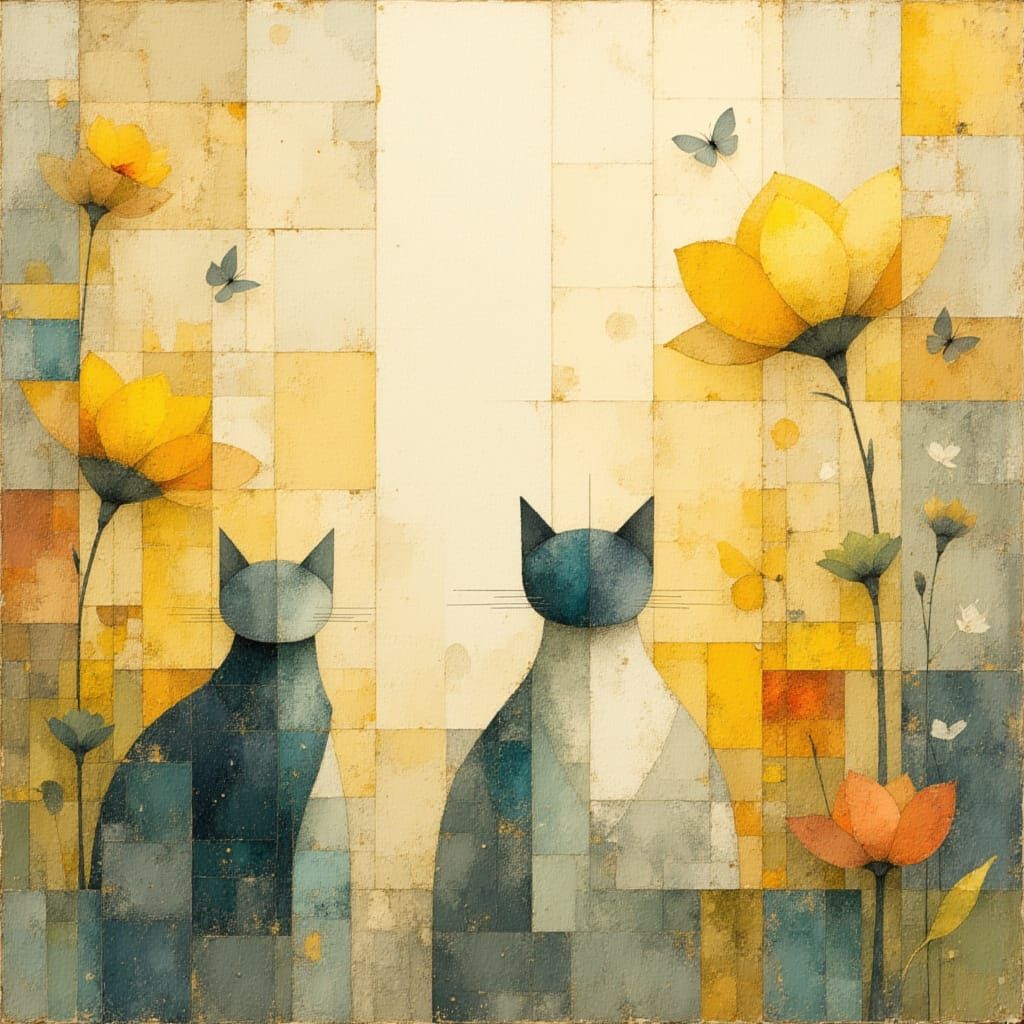 Cats in Garden: Minimalist Watercolor Encaustic Style