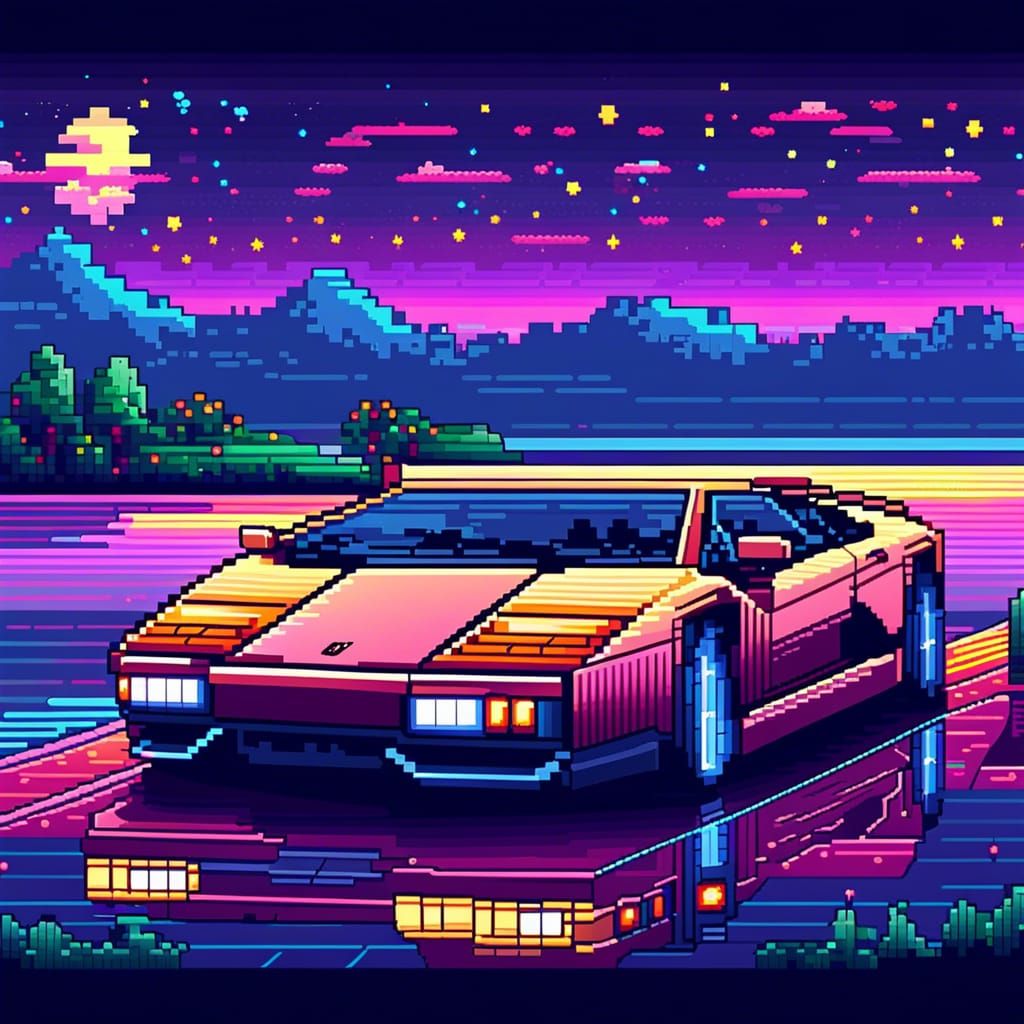 8-Bit Lamborghini in Starry Pixel-Art Scenery