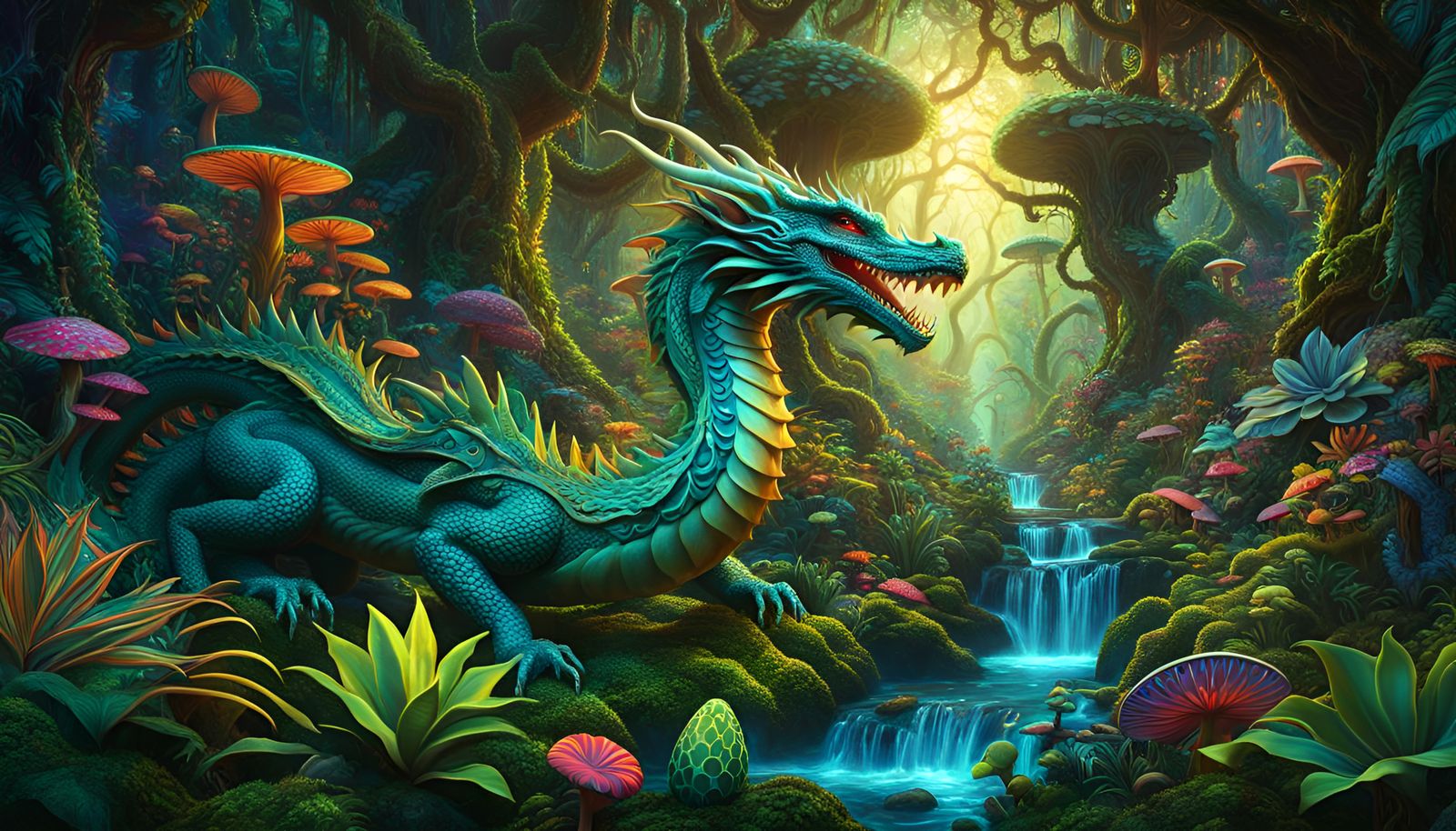 Psychedelic Jungle Dragon in High Fantasy Style