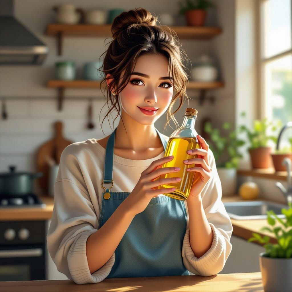Woman in Cozy Kitchen with Oil Bottle