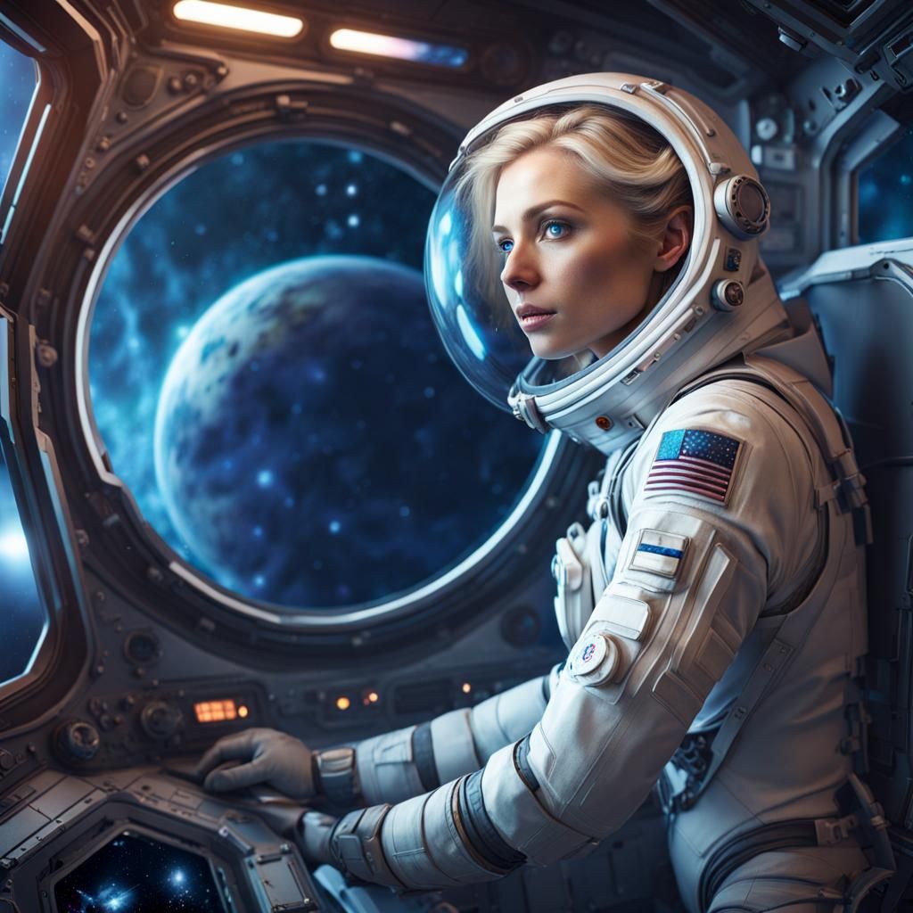 Woman in Spacesuit Observes Planets in Universe