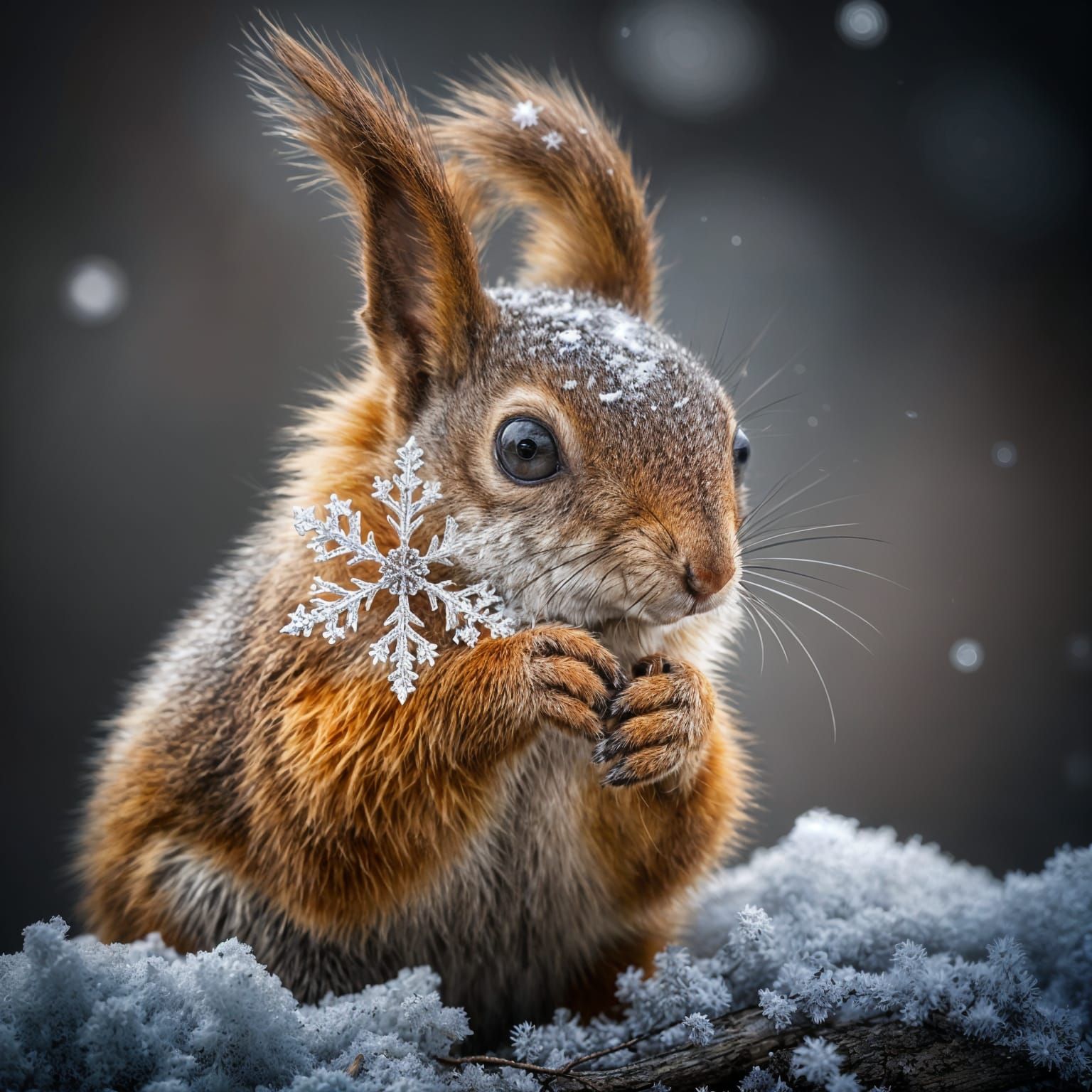 Squirrel in Winter Wonderland with Delicate Snowflake