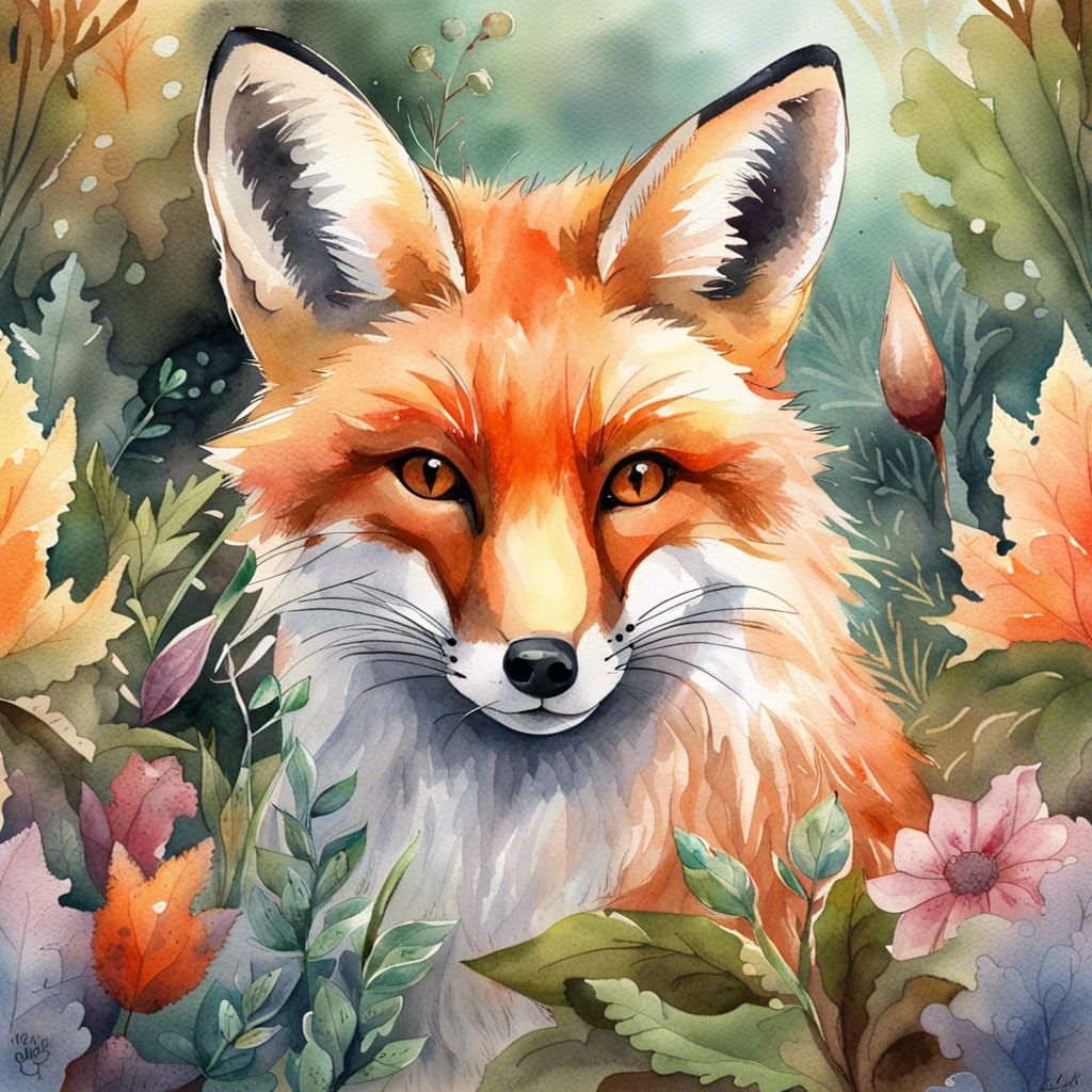 Fox and Plants in Watercolor Style