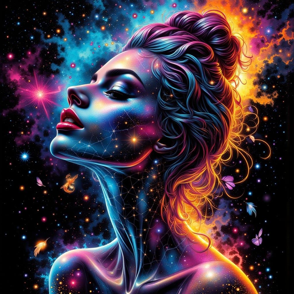 Bold Cosmic Pinup in Skewed Perspective