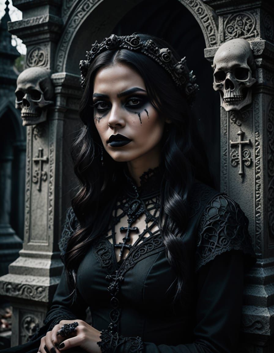 Gothic Portrait of Mexican Woman at Tomb