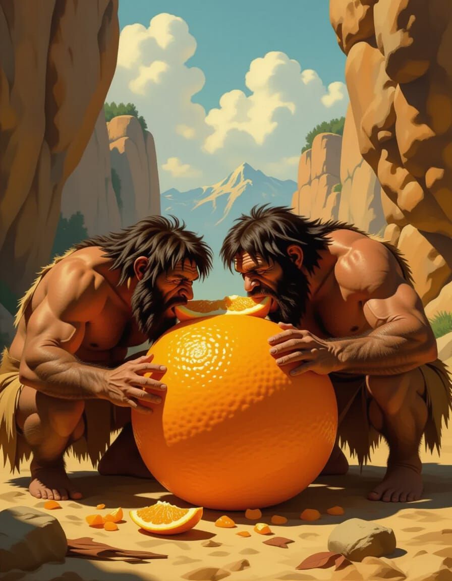 Neanderthals Eating Giant Orange in Flemish Renaissance Styl...