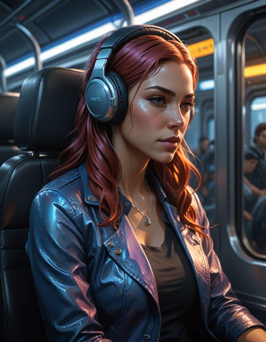 Woman with Headphones on Train, Fantasy Splash Art