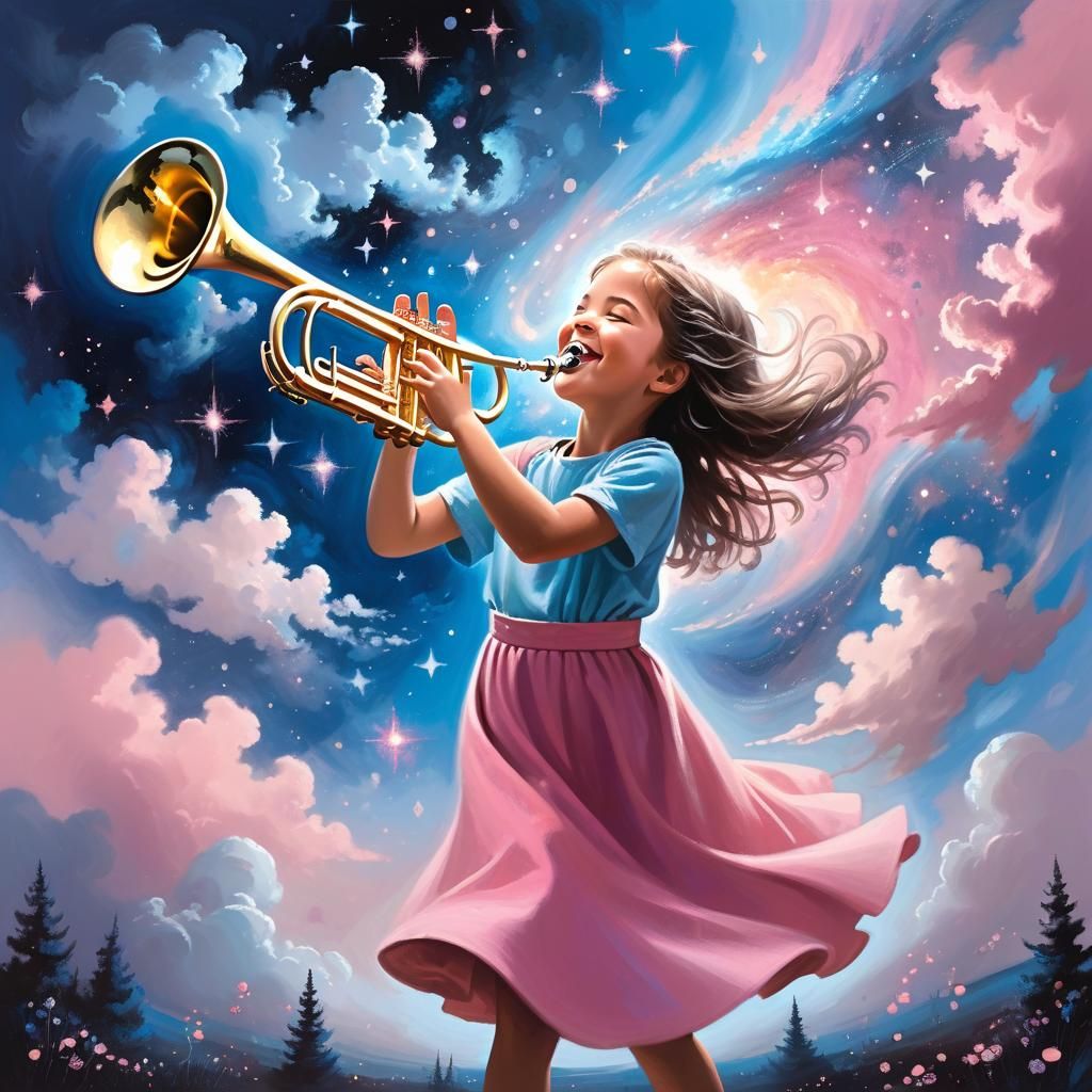 Girl Trumpeter Dancing with Wolves in the Universe