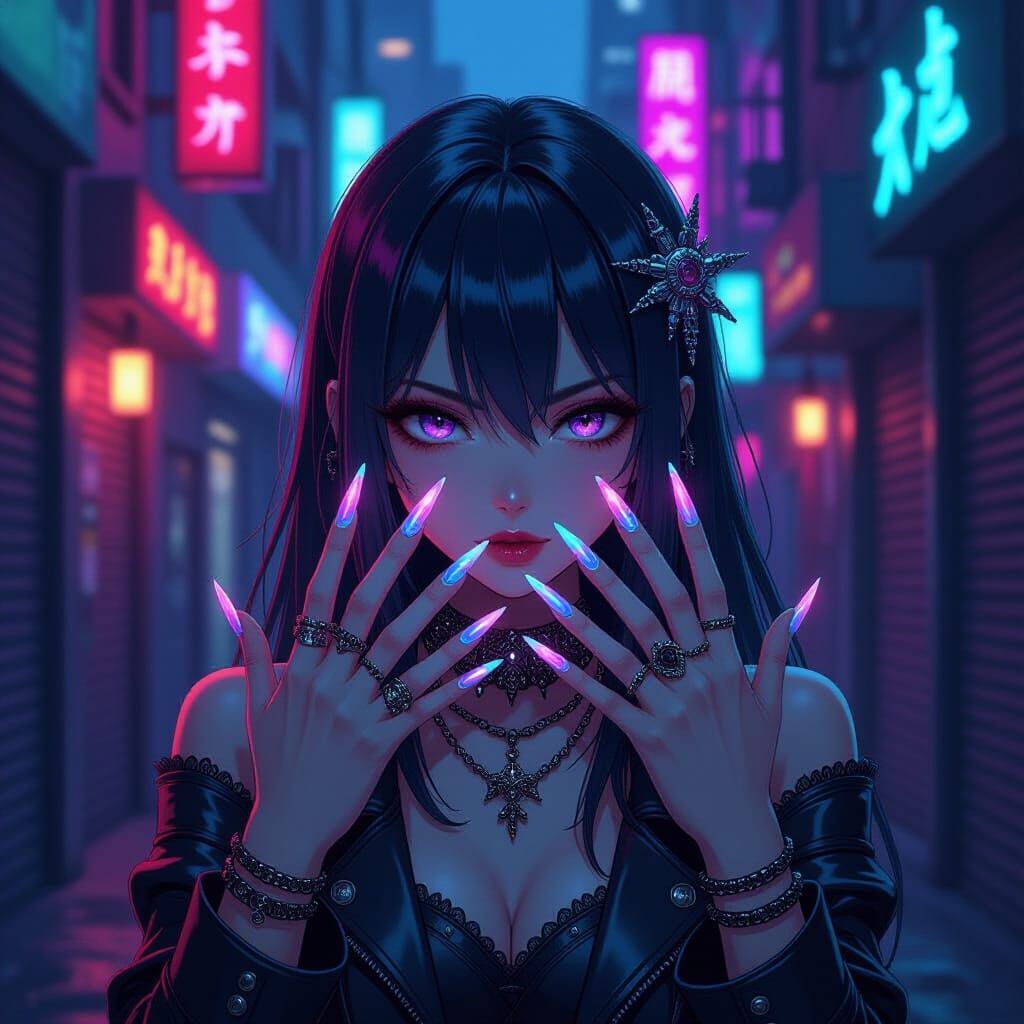 Anime Girl With Long Gothic Nails In Cyberpunk City