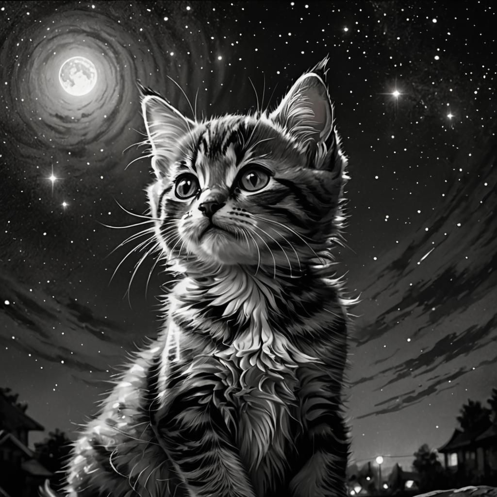 Kitten Gazing at Night Sky: Modern Ink Painting