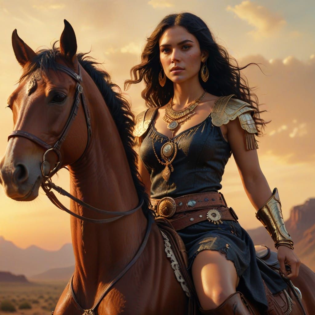 Cleopatra Rides Into Sunset: Western Oil Painting