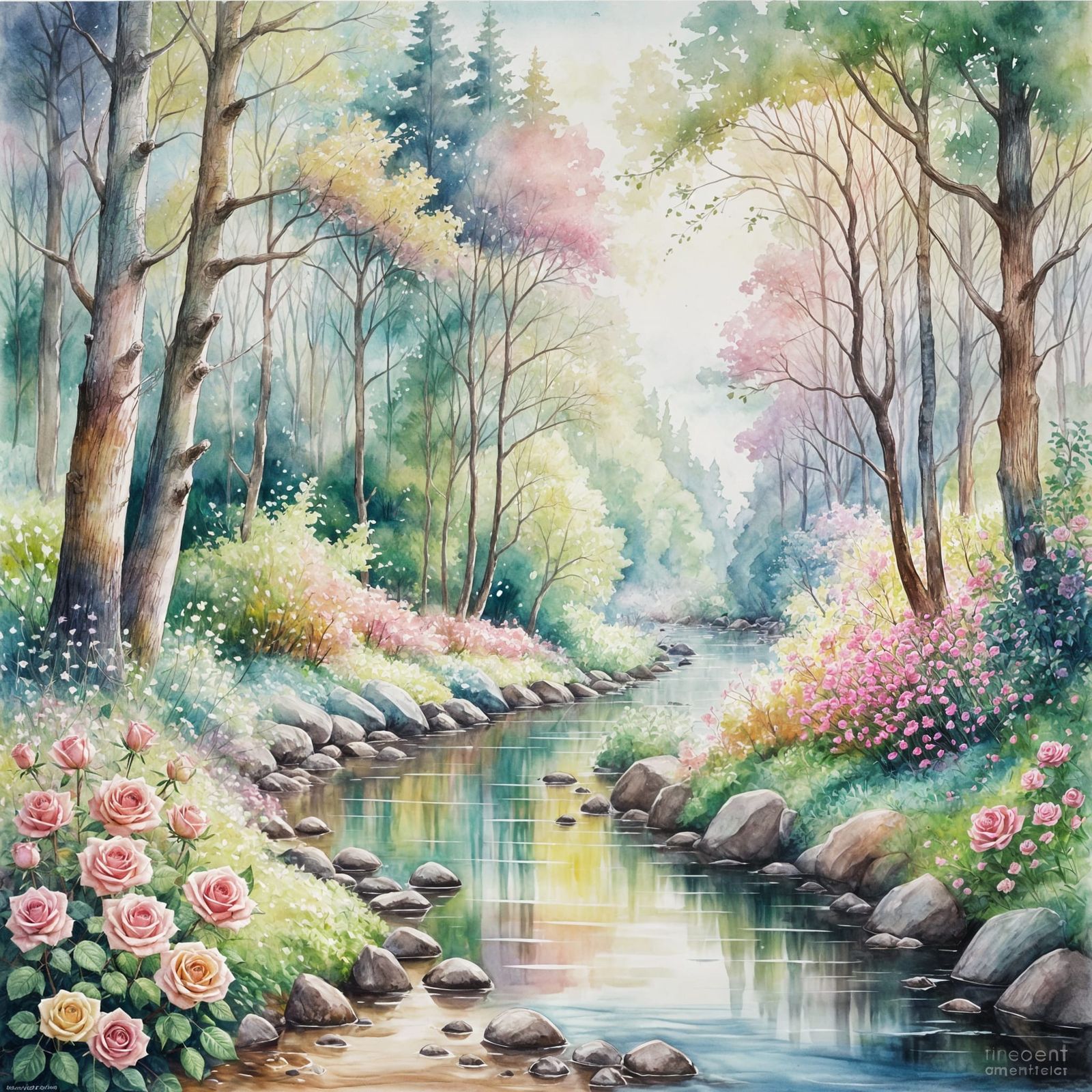 Pastel Rainbow Roses Adorn a Bright Forest
