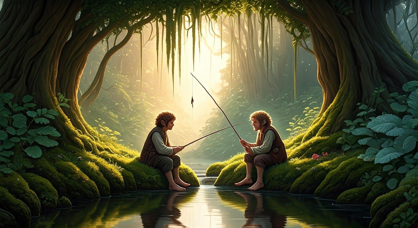 Hobbits Fishing at Sunrise in Fantasy Landscape