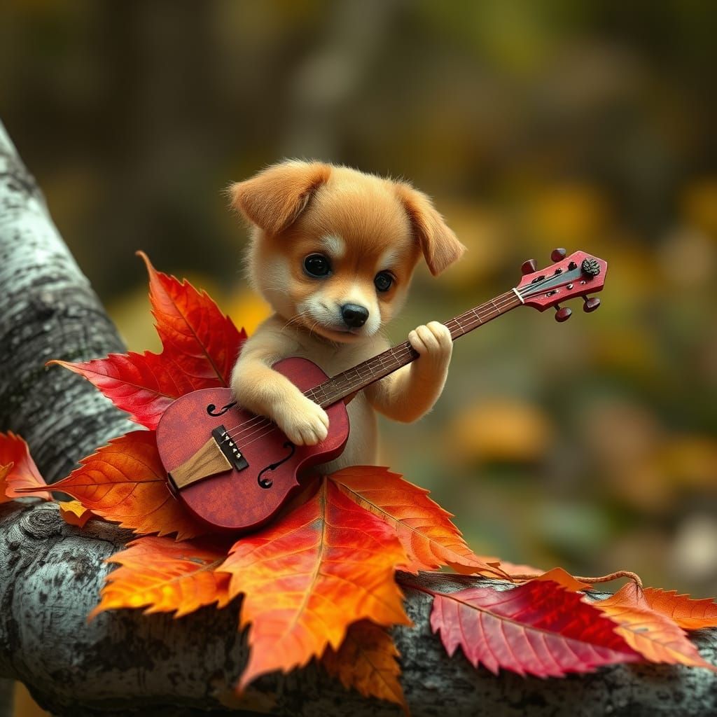 Chibi Puppy Musician Playing Leaf Instrument in Autumn Fores...
