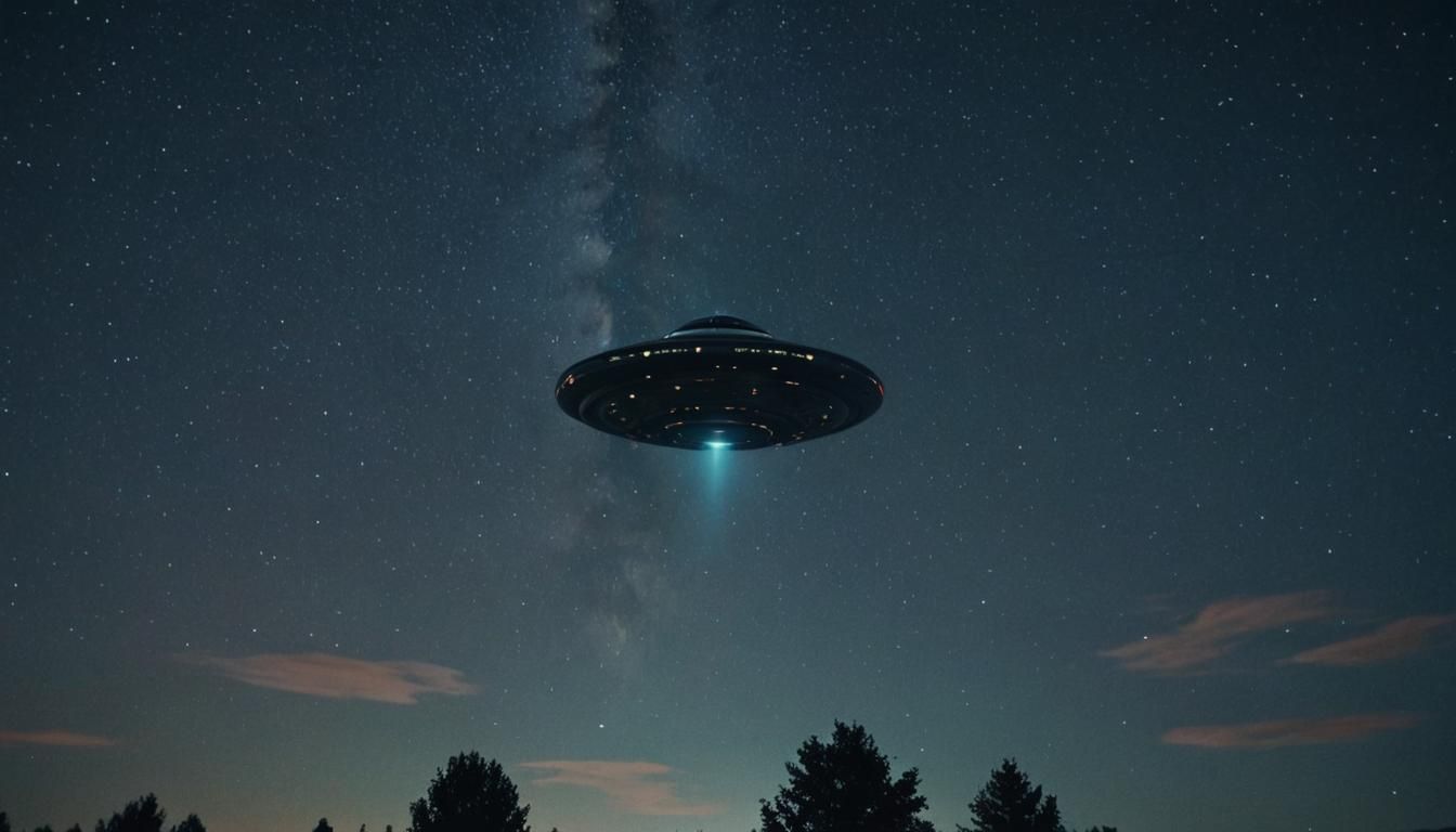 UFO Over Starry Night Sky, Cinematic Film Still