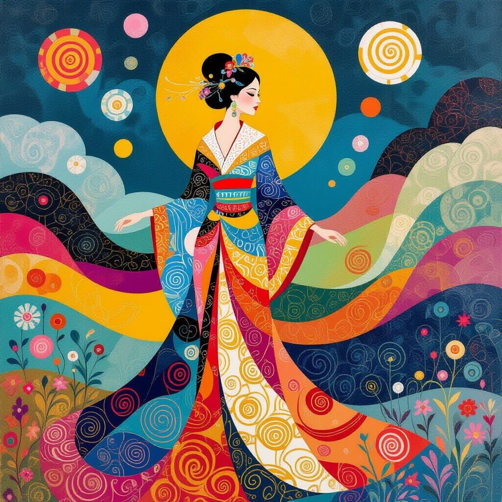 Surreal Woman in Vibrant Geometric Landscape