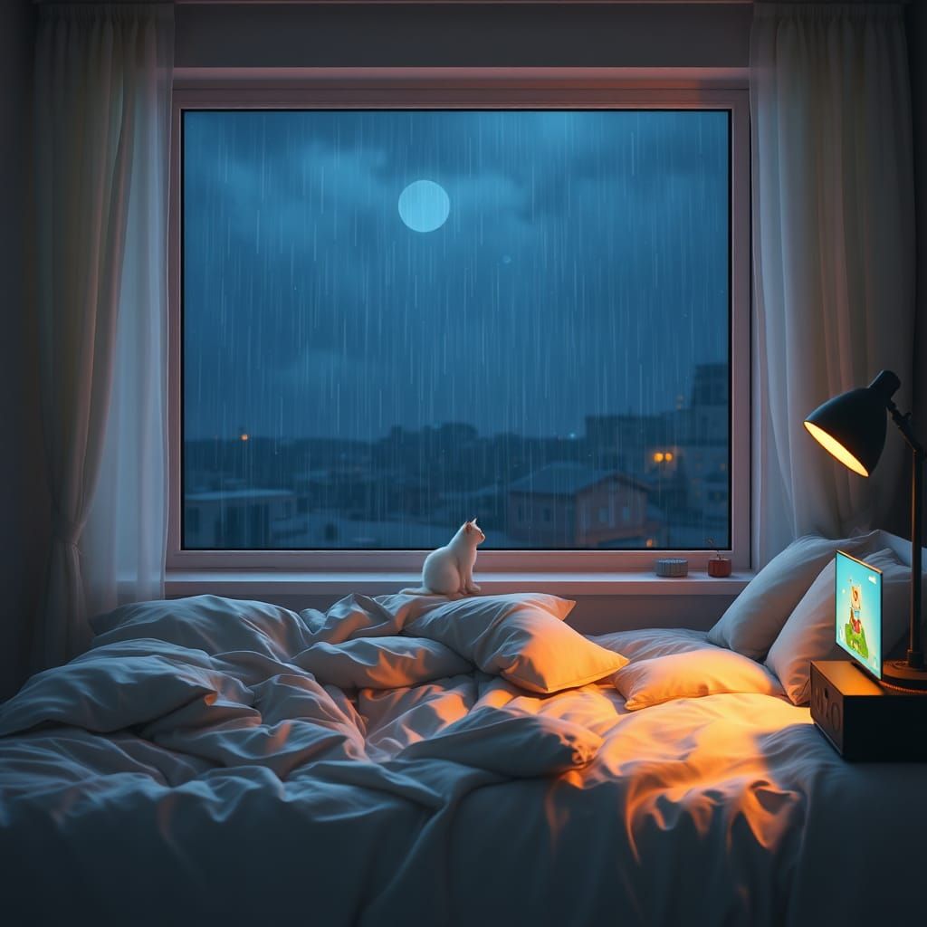 Bedroom Scene with White Cat in Ghibli Style