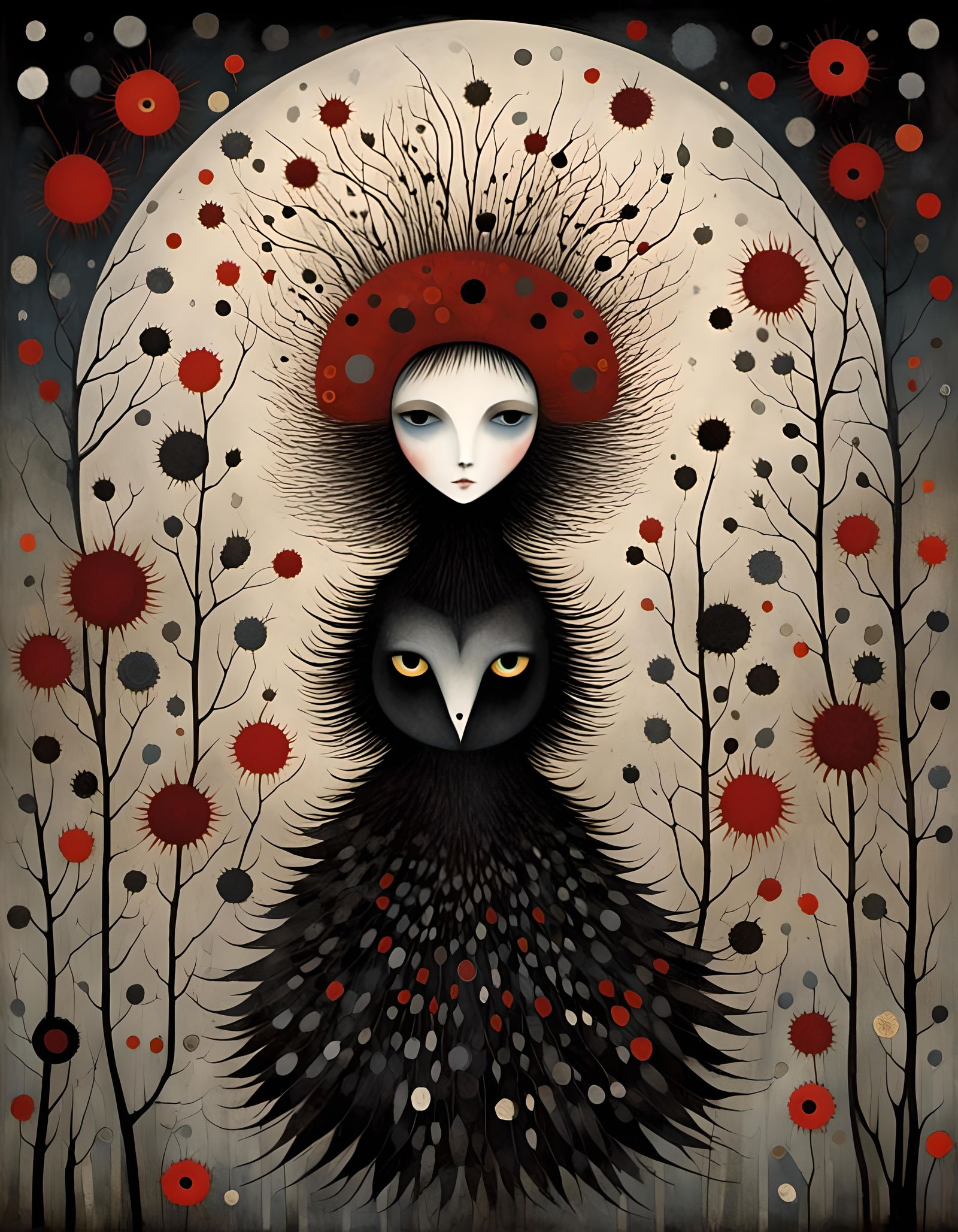 Dark Gothic Whimsical Scene in Black and White