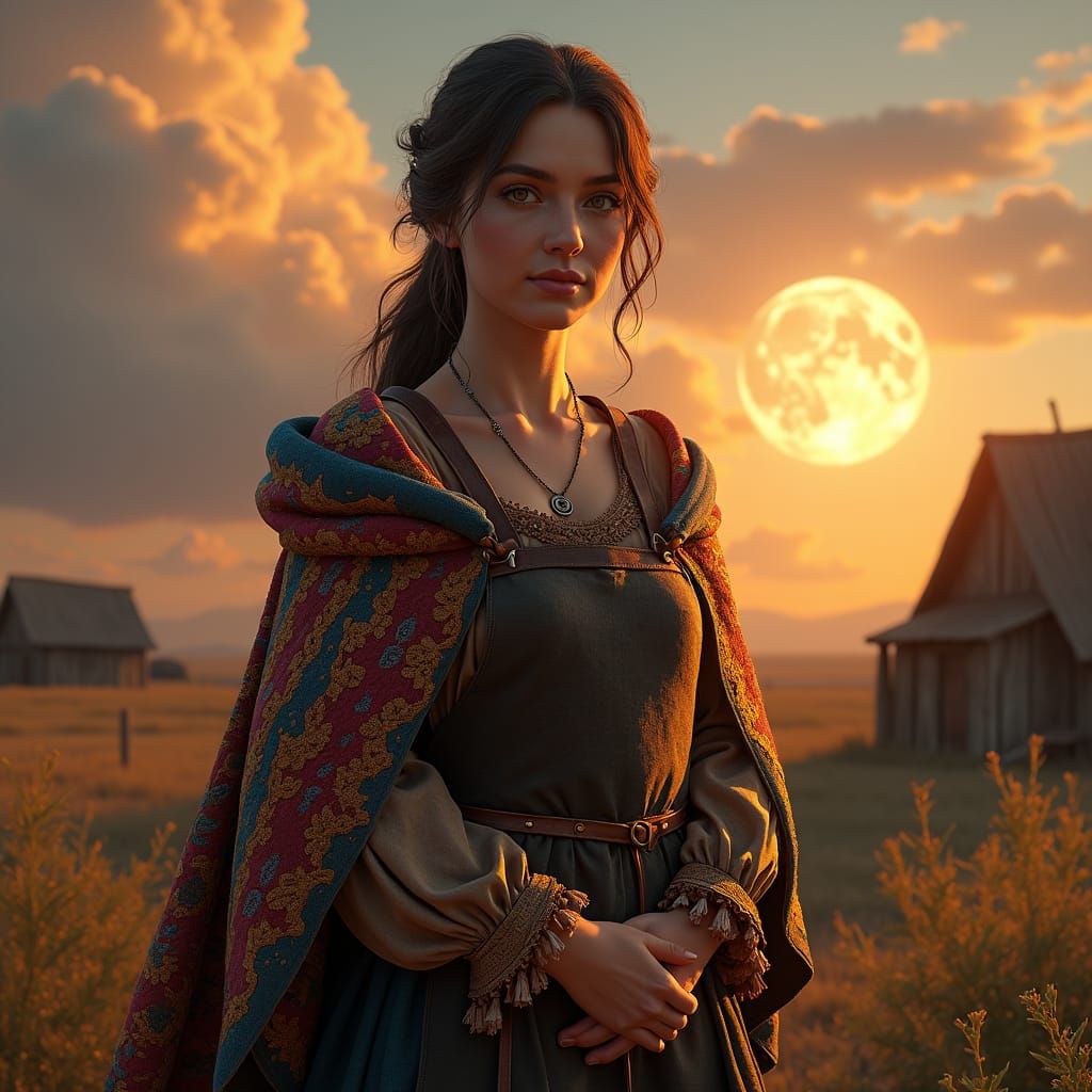 Medieval Peasant Woman in Golden Countryside: Matte Painting
