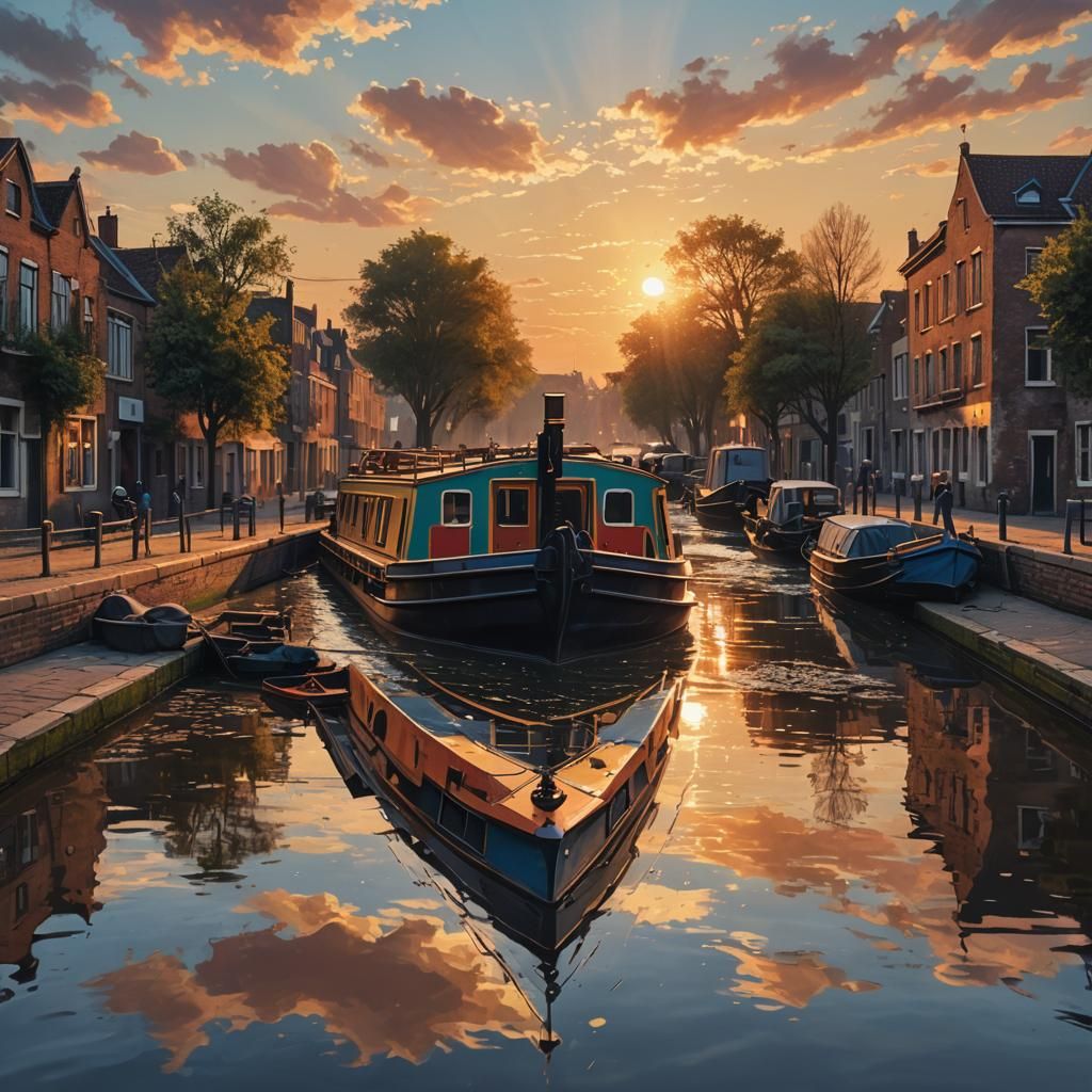 Hyperrealistic Barge at Sunset: Detailed Concept Art