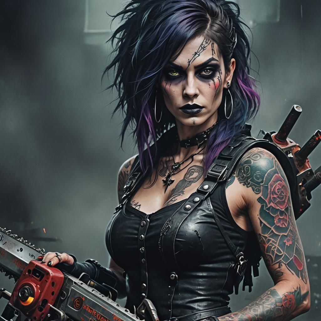 Beautiful evil heart woman holding a chainsaw .
Coloured tat...