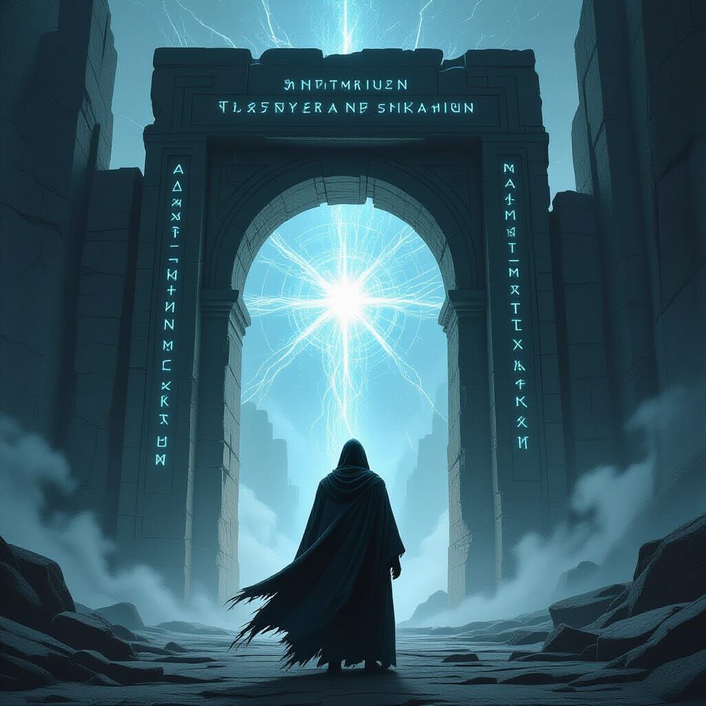 Mystical Archway with Hooded Figure in Painterly Style