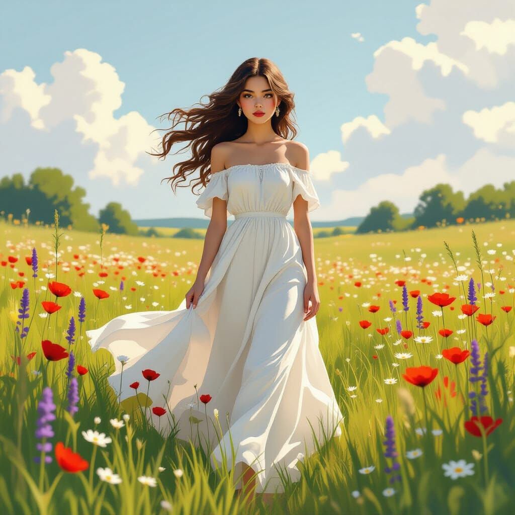 Girl in Meadow with Flowing Gown, Digital Art