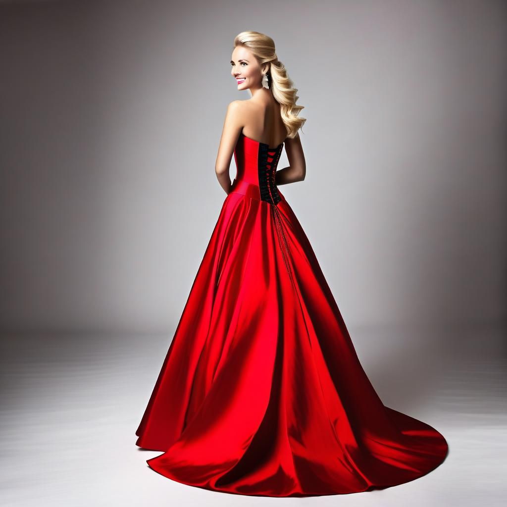 Woman in Vibrant Red Ball Gown on White